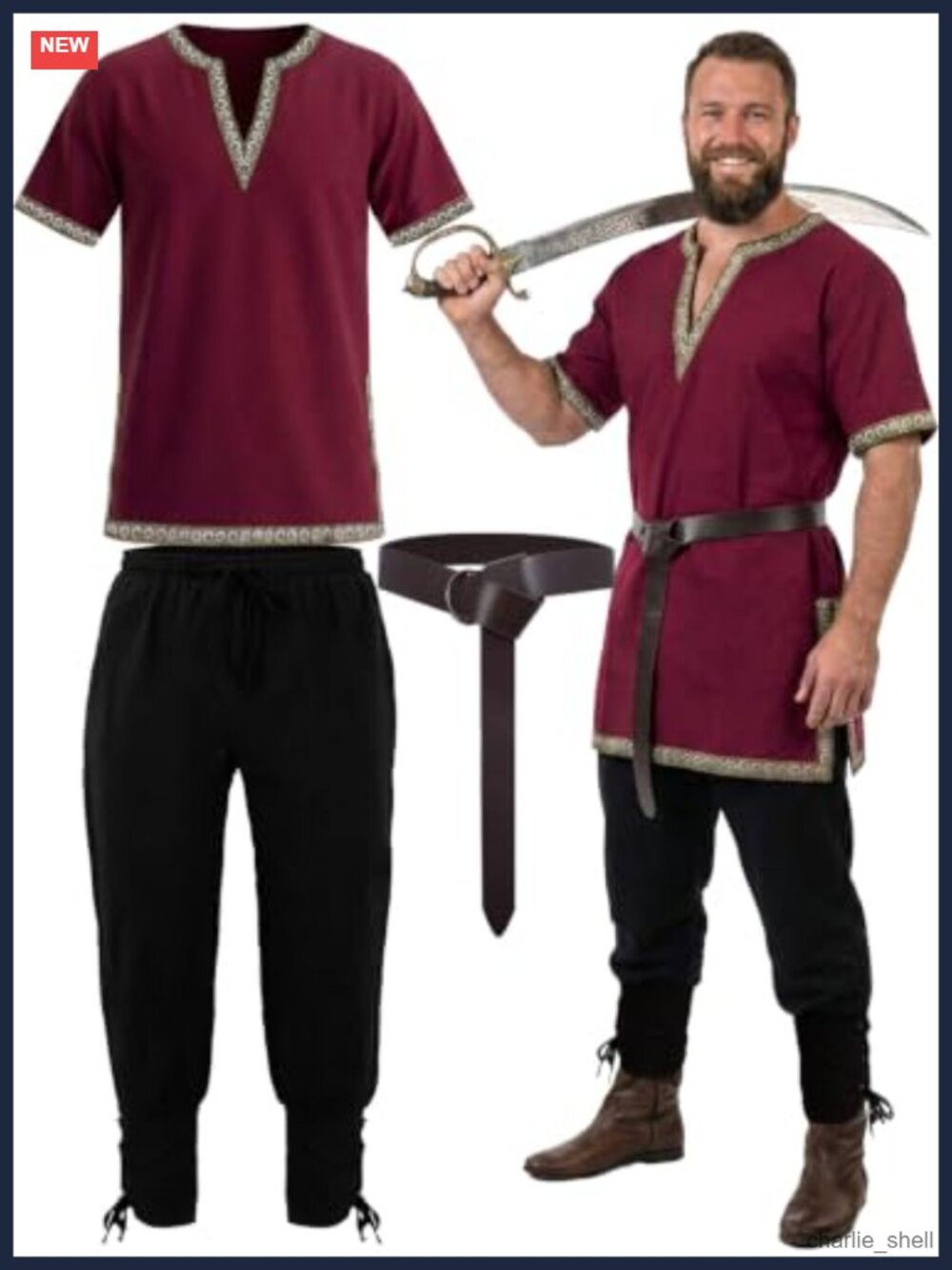 Men's Renaissance Medieval Pirate Viking Costume 3-Piece Tunic Pants Belt